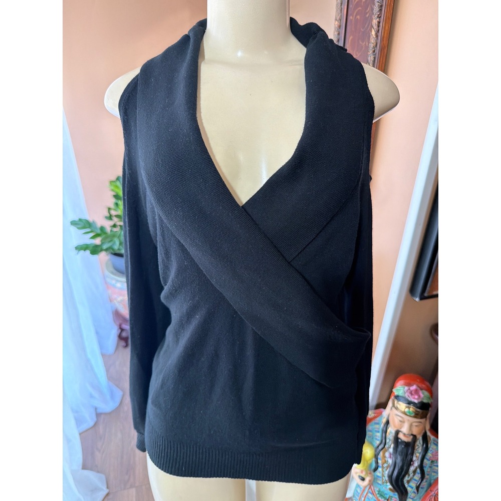Arden B Black Cold Shoulder Wrap Front Surplice V-Neck Knit Sweater Medium